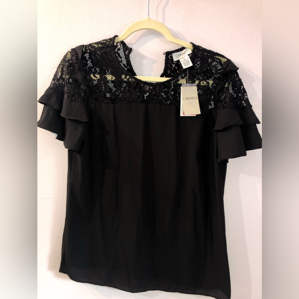 Carmen Marc Valvo Black Lace Ruffle Blouse